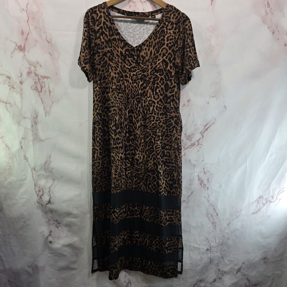 Colleen Lopez Dress Womens XS Petite Black Brown Mesh Stripe Leopard Shift Midi